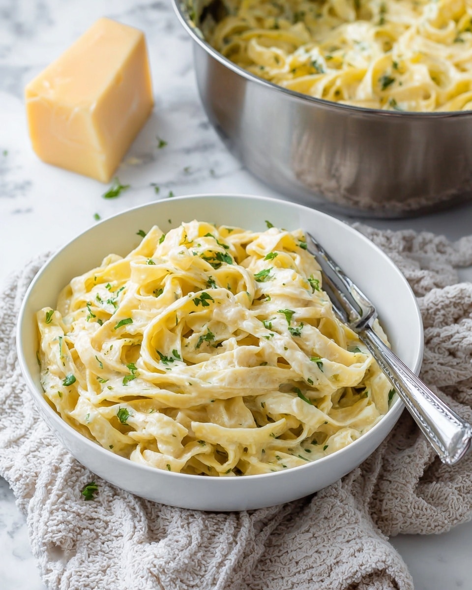 The image shows a close-up of creamy fettuccine pasta in a white bowl filled with several layers of flat, wide pasta noodles coated in a thick, light yellow cream sauce. The pasta is topped with small pieces of fresh green herbs scattered evenly, adding a bright touch of color. A silver fork is placed inside the bowl on the right side, partially buried in the pasta. In the background, there is a large metal mixing bowl also filled with pasta and sauce, slightly blurred. To the left, a chunk of pale yellow cheese rests on a textured white cloth, all set on a white marbled surface. photo taken with an iphone --ar 4:5 --v 7