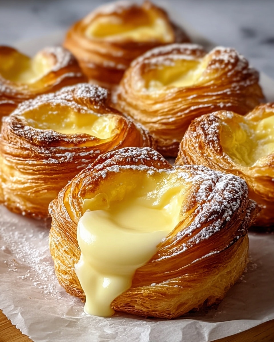 A close-up image of seven round Danish pastries arranged closely on white parchment paper over a white marbled surface; each pastry has multiple layers of golden-brown, flaky puff pastry with a shiny, slightly crisp texture, forming a raised edge that holds a smooth, creamy pale yellow custard in the center, one pastry at the front has custard gently flowing down its side; a light dusting of powdered sugar is sprinkled lightly over the pastries adding a soft white contrast to the rich golden tones; the edges of the pastries have visible thin, crisp layers, showing their delicate flakiness. photo taken with an iphone --ar 4:5 --v 7