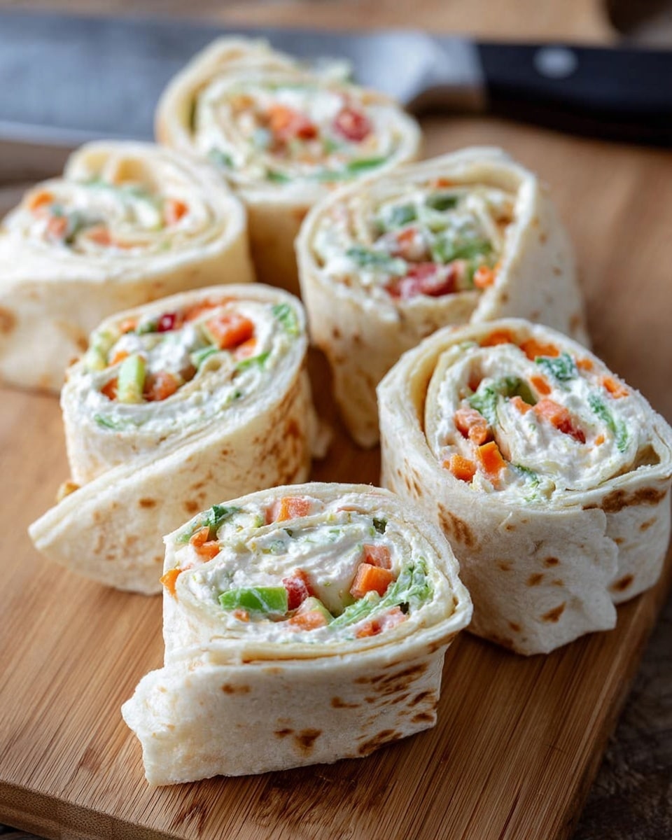 The image shows six pinwheel-style wraps placed on a wooden cutting board. Each wrap has three visible layers: the outer layer is a soft, light tan tortilla with some brown toasted spots; the middle layer is a creamy white spread, likely cream cheese or a similar ingredient; and the innermost layer includes small pieces of finely chopped vegetables in orange, green, and red colors, adding a fresh, crunchy texture. In the background, a large knife with a silver blade and black handle is partly visible, resting on the wooden surface. The overall appearance of the wraps is fresh and inviting. photo taken with an iphone --ar 4:5 --v 7