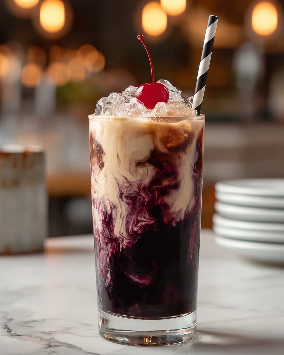 The image shows a tall, clear glass filled with a dark purple drink as the base layer, with swirling patterns of creamy light beige mixing into it from the top half, creating a marbled effect. On top of the drink, there is a layer of light brown foam with some visible bubbles, garnished with clear ice cubes and a single bright red cherry. A black and white striped paper straw is placed on the right side in the glass. The glass is set on a white marbled surface with a blurred background of warm lights and white dishes stacked on the left side. Photo taken with an iphone --ar 4:5 --v 7