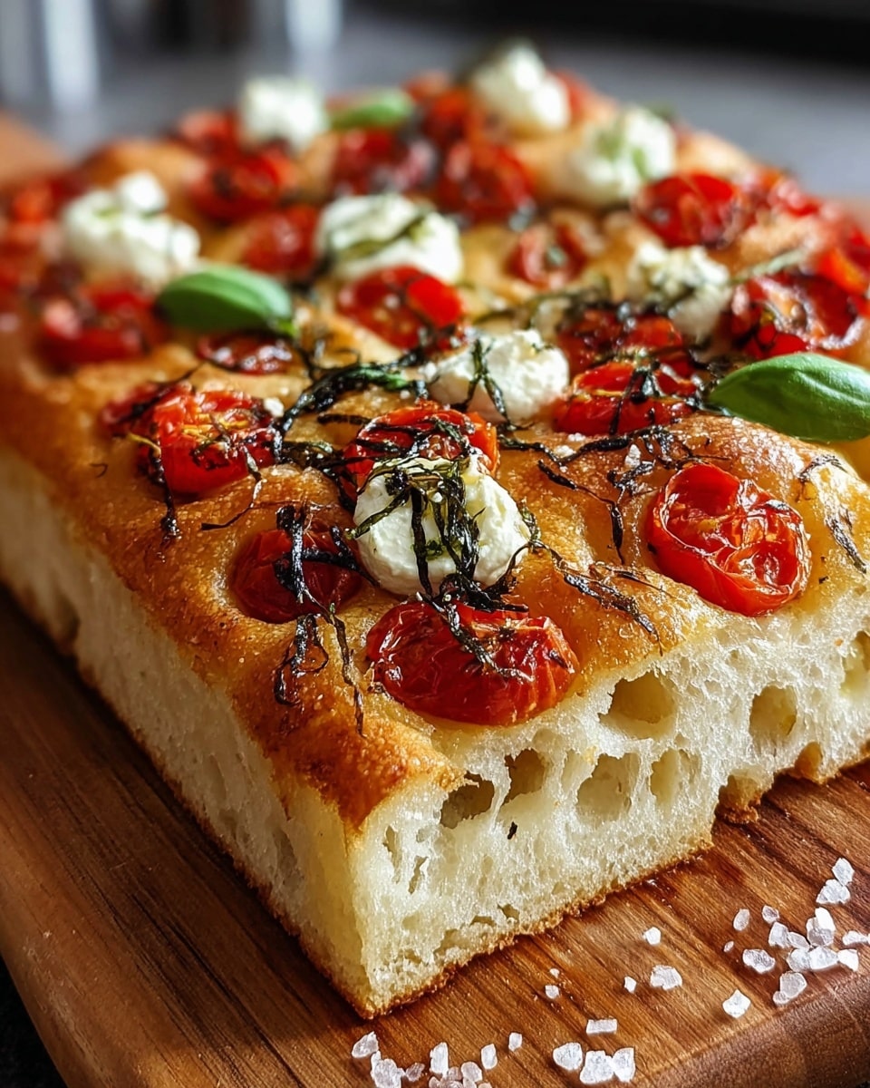 A thick square focaccia bread with a shiny, golden brown crust serves as the base layer, showing a soft and airy white inside with large holes and a light texture. Scattered on top are vibrant red halved cherry tomatoes, slightly roasted with a juicy texture and some charred edges. Small white dollops of creamy cheese are placed evenly throughout, contrasting with the bright green fresh basil leaves that add a fresh touch. Thin, dark, grilled herb strands are sprinkled over the surface, adding detail and flavor contrast. The focaccia rests on a wooden board, with visible grains and salt flakes scattered nearby. Photo taken with an iphone --ar 4:5 --v 7