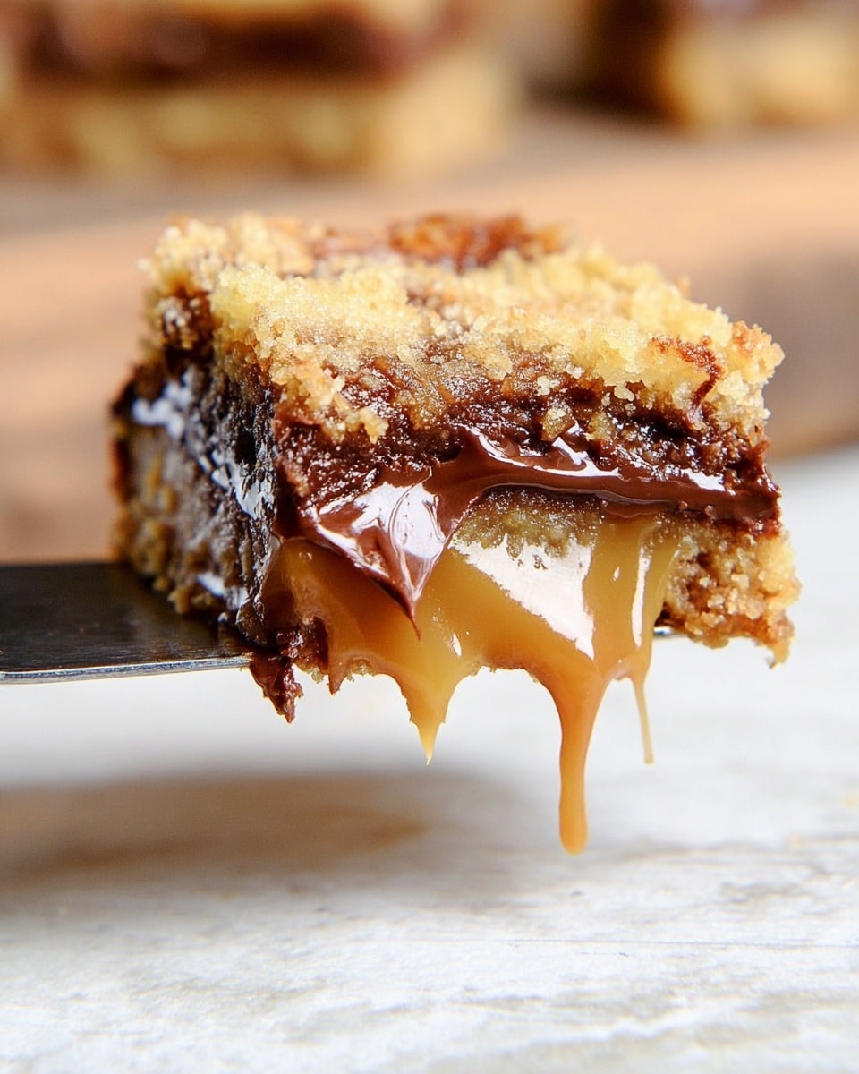 A close-up of a single square piece of a gooey dessert held on a spatula above a white marbled surface, showing three layers: a golden brown crumbly baked top layer with a slightly cracked texture, a middle layer of thick, melted dark chocolate blending with caramel, and a bottom layer of smooth, creamy caramel dripping slightly. photo taken with an iphone --ar 4:5 --v 7