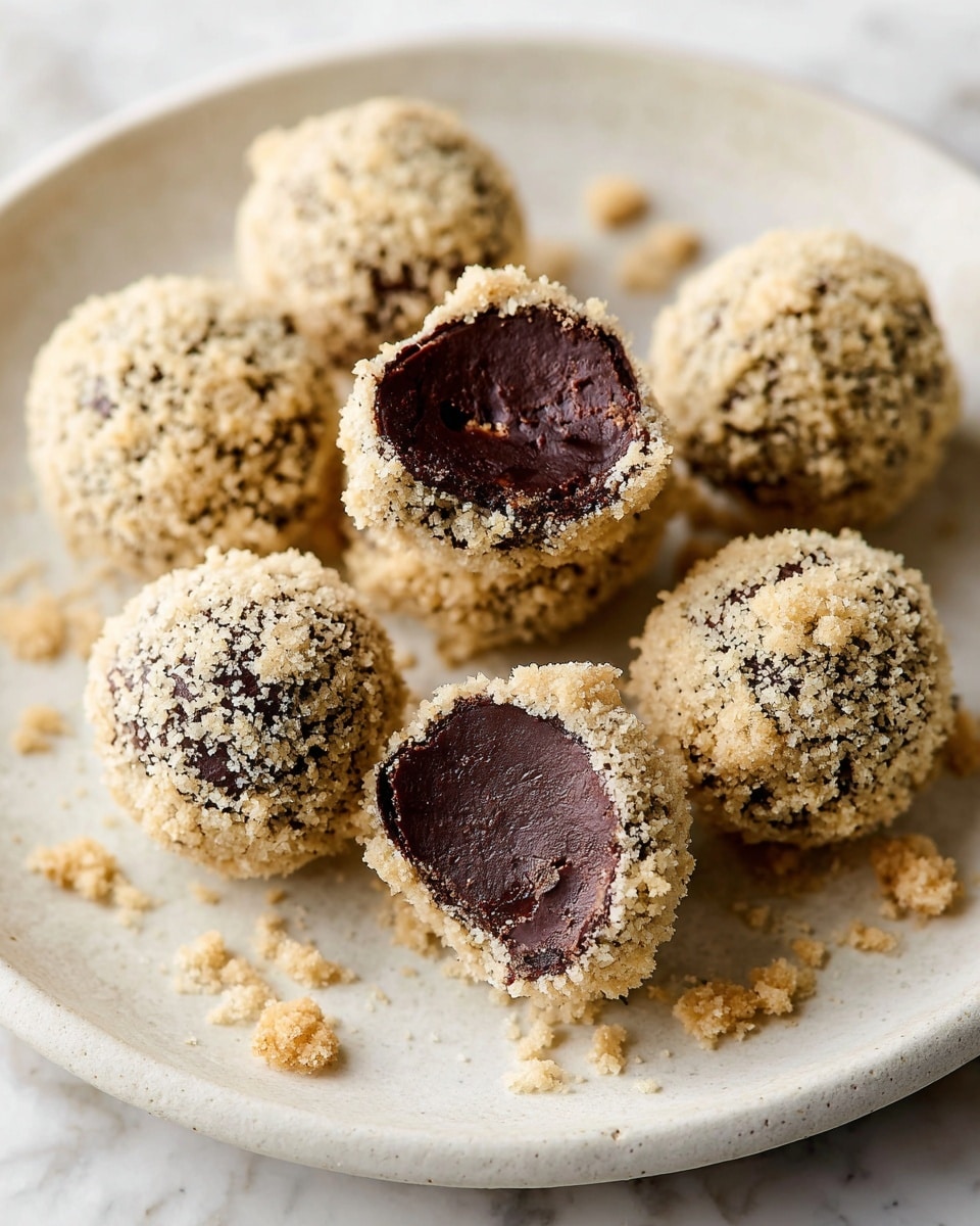 A white ceramic plate with seven round chocolate truffles covered in light beige crumbly coating is shown. One truffle is cut in half, revealing a smooth, dark brown chocolate inside with a slightly glossy texture. The crumb coating is uneven and grainy, creating a contrast against the rich, dense dark chocolate interior. The truffles are arranged casually on the plate with some crumbs scattered around them. The background is a white marbled texture. photo taken with an iphone --ar 4:5 --v 7