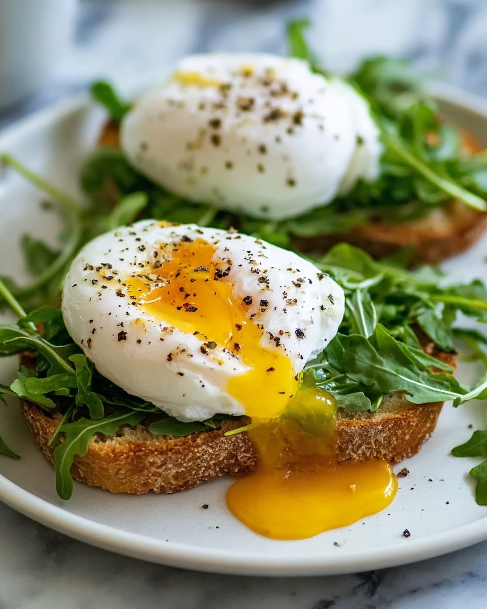 Two slices of toasted bread form the base on a white plate, topped with fresh, green arugula leaves that give a slightly uneven texture. On top of each layer of arugula lies a perfectly poached egg, with white, smooth, slightly wrinkled egg whites. The bright yellow yolk of one egg is broken and gently spilling out, contrasting with the white. Both eggs are sprinkled with cracked black pepper, adding texture and detail. The background shows a soft-focus white marbled texture. Photo taken with an iphone --ar 4:5 --v 7
