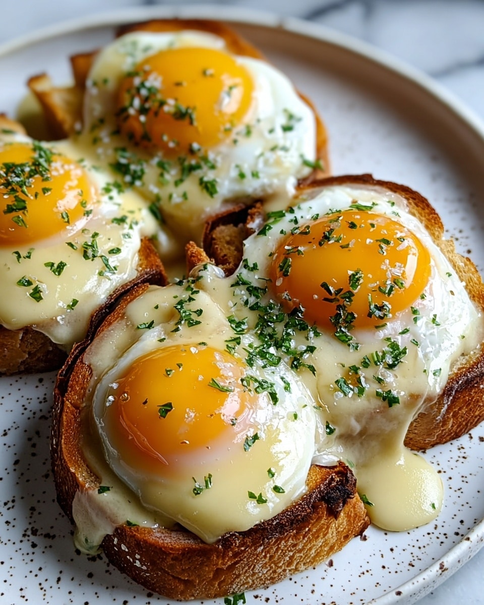 The image shows three pieces of toasted bread on a white plate with a speckled pattern, each topped with three sunny-side-up eggs. The eggs have bright yellow yolks and smooth, glossy whites. The toast edges are golden brown and crispy. A thick layer of creamy, light yellow sauce covers the bread and edges, dripping down the sides. The dish is lightly sprinkled with finely chopped green herbs and cracked black pepper on top. The background features a white marbled texture. Photo taken with an iphone --ar 4:5 --v 7