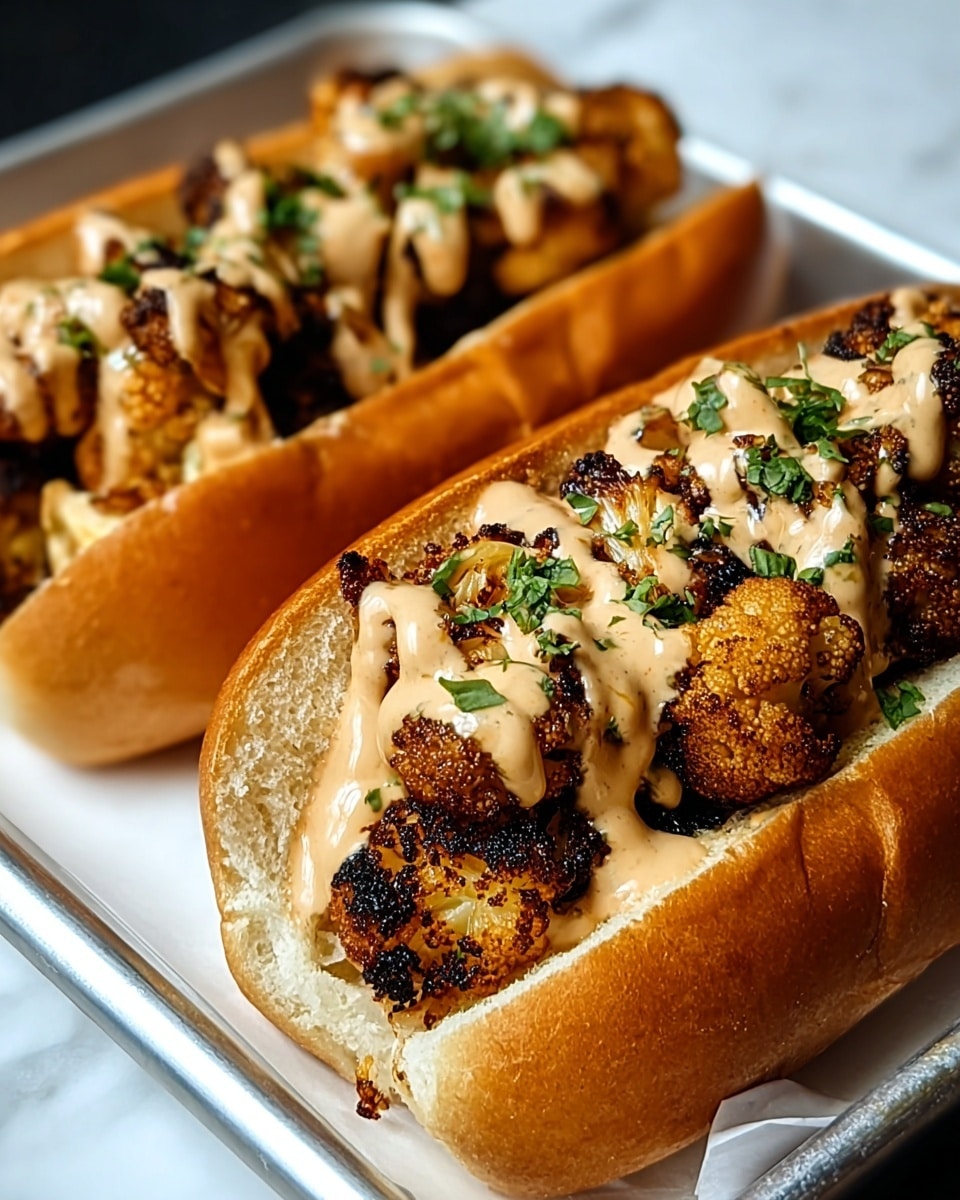 Two sandwich rolls are shown, each split horizontally with a soft golden-brown crust and fluffy white inside. Inside each roll, there are dark brown, crispy, and charred fried pieces of cauliflower forming a thick layer. This is topped with a light tan creamy sauce that drips off the veggies, adding a smooth texture. Small bits of bright green herbs are sprinkled on top, adding freshness and color contrast. The sandwiches rest on a white tray lined with paper, which is placed on a white marbled surface. The image is close-up and sharp, capturing the textures clearly. photo taken with an iphone --ar 4:5 --v 7