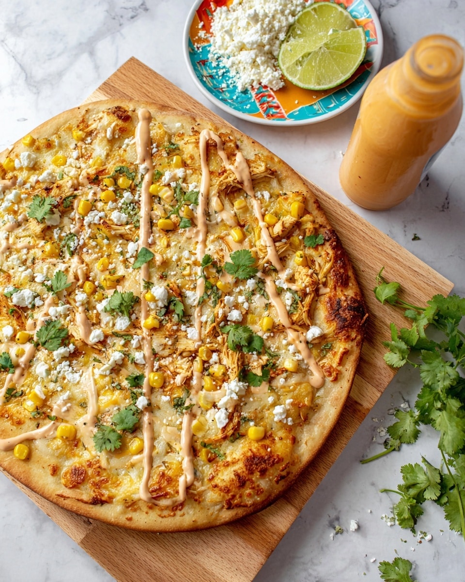 A round pizza with a thin, golden-brown crust serves as the base, topped with melted light yellow cheese and scattered bright yellow corn pieces. There are shredded chicken bits evenly spread on the surface, with fresh green cilantro leaves sprinkled all over. White crumbled cheese dots the pizza, and a creamy light orange sauce is drizzled in wavy lines across the top. To the side, a colorful small white plate holds a lime wedge, more white crumbled cheese, and extra fresh cilantro leaves. Near the pizza, a squeeze bottle of the same light orange sauce sits on a wooden board with some scattered cheese and cilantro pieces, all set on a white marbled textured surface. photo taken with an iphone --ar 4:5 --v 7