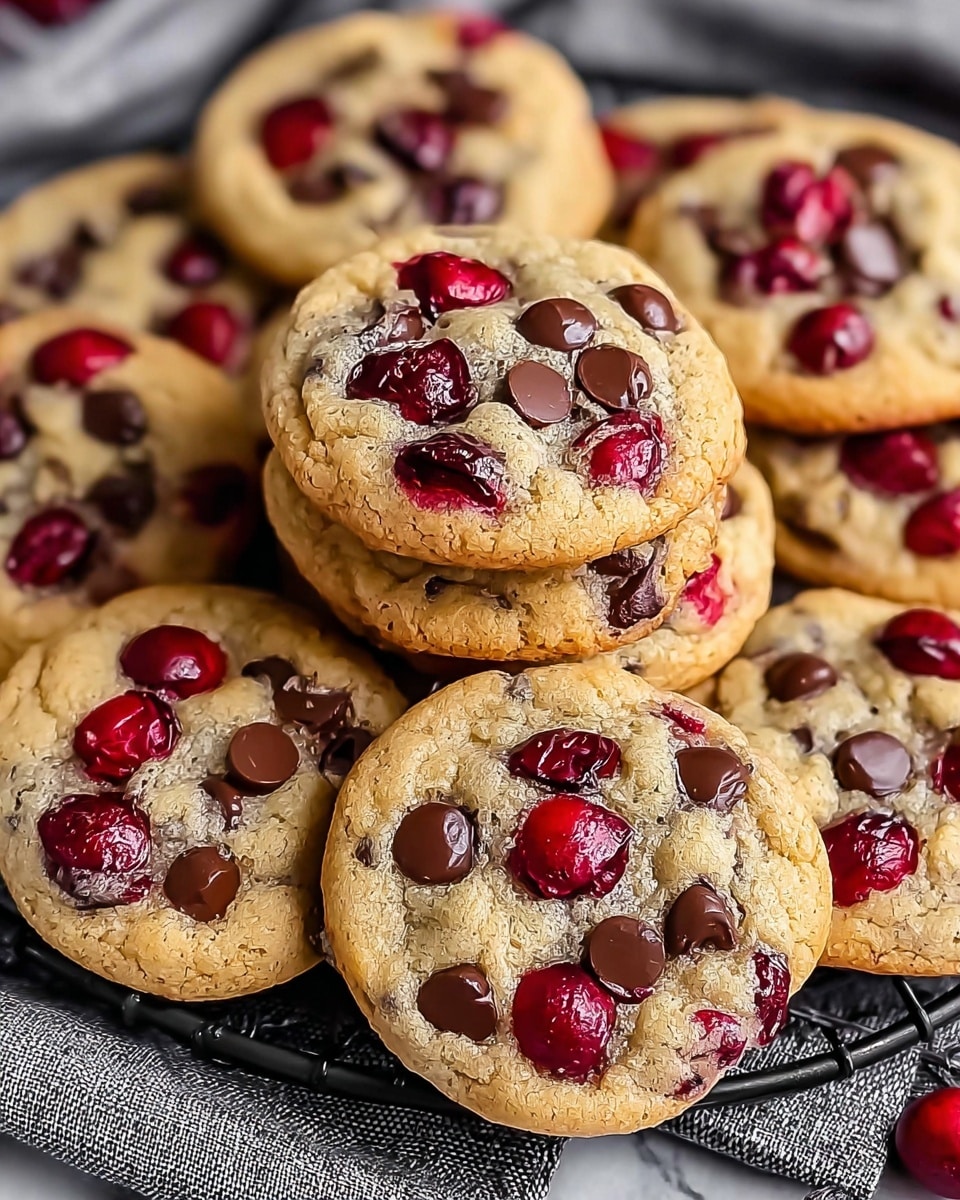 The image shows a close-up of a stack of freshly baked cookies sitting on a black wire rack, placed on a white marbled surface with a gray cloth partially visible underneath. Each cookie is round with a golden brown, slightly cracked texture, filled with dark brown chocolate chips and bright red cherries that are slightly sunken in. The cookies have a soft, chewy center with a crisp edge, and the cherries and chocolate chips are scattered unevenly throughout each cookie, giving a colorful and appetizing look to the stack. photo taken with an iphone --ar 4:5 --v 7