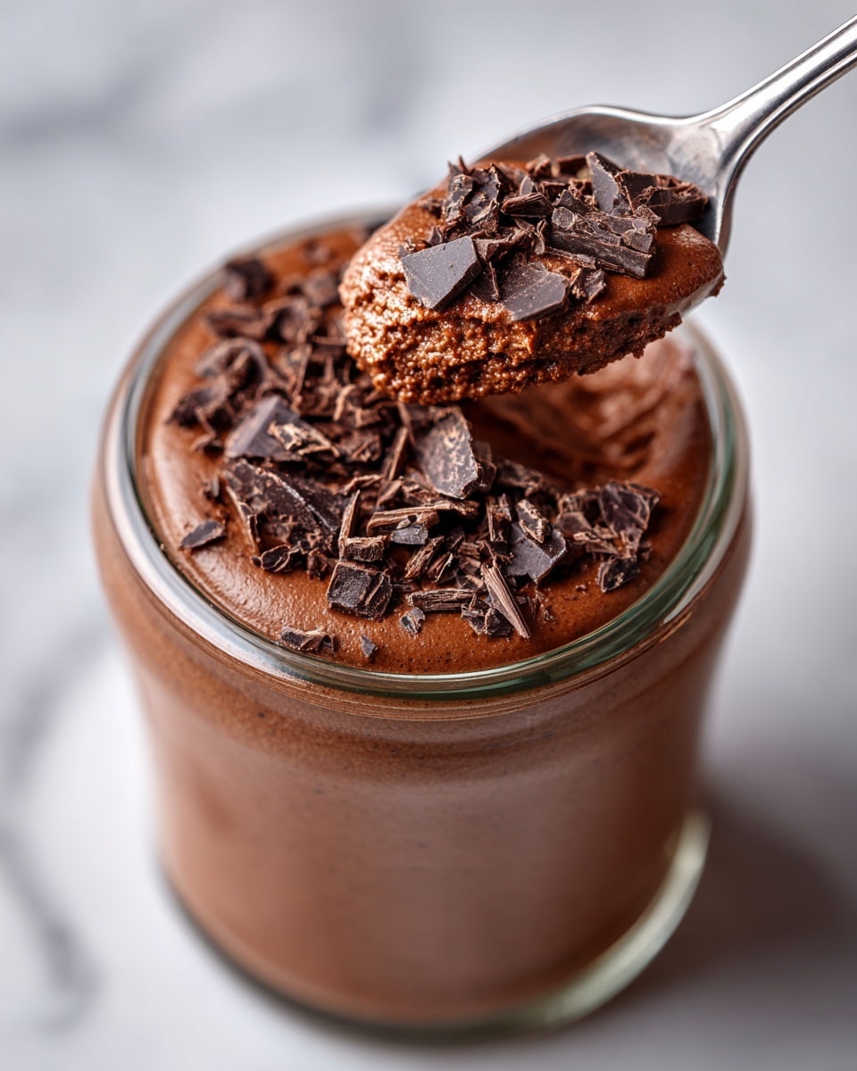 The image shows a small glass jar filled with creamy, light brown chocolate mousse. The mousse is fluffy and smooth with a soft swirl on top. On top of the mousse, there is a layer of dark chocolate chunks scattered evenly, adding texture and depth. The jar is placed on a white marbled surface with some small pieces of chocolate sprinkled around it. In the background, part of a spoon and some chocolate bars can be seen out of focus. photo taken with an iphone --ar 4:5 --v 7