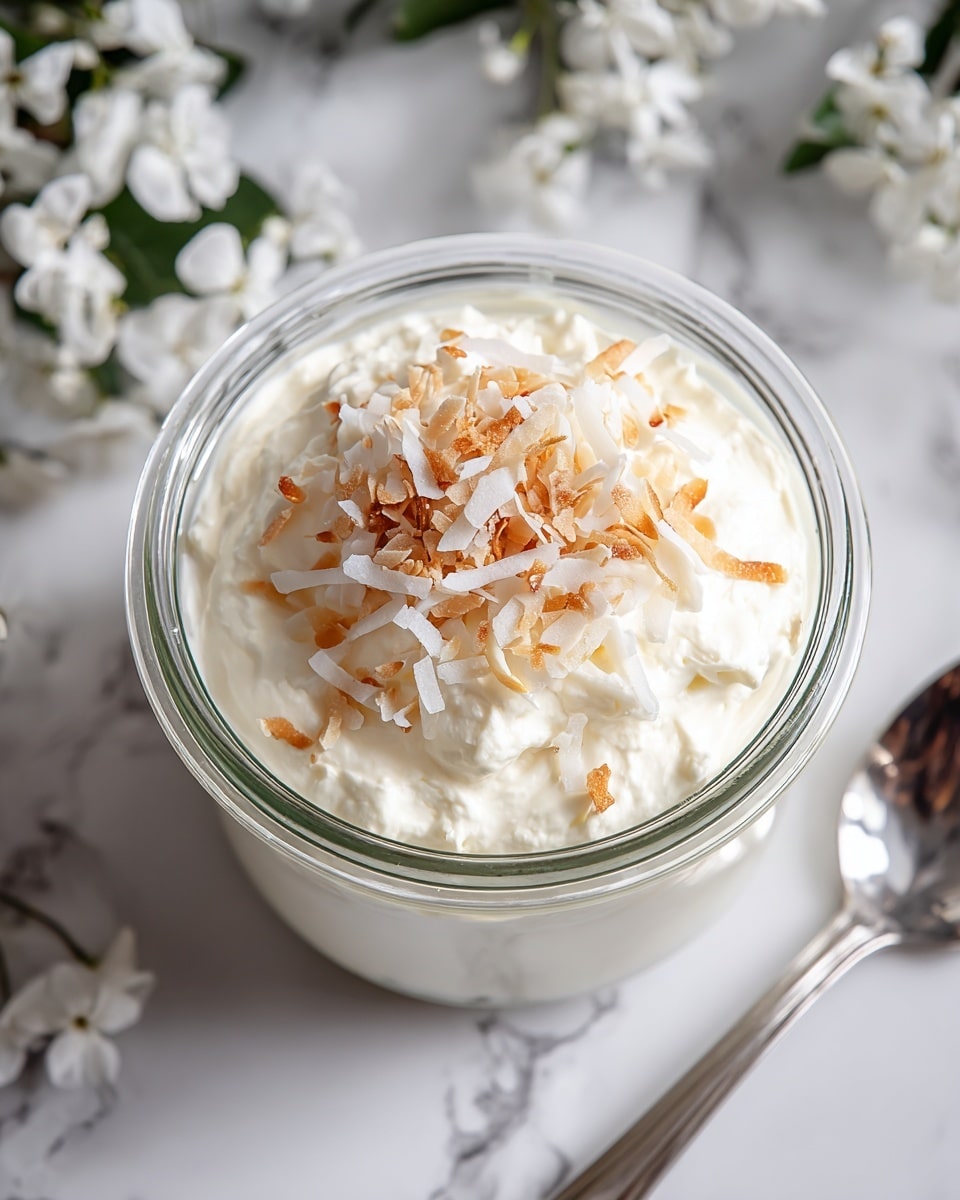 A clear round glass jar filled with a single creamy white layer of whipped cream or mousse, topped with a small mound of white and light brown toasted coconut flakes. The jar sits on a white marbled surface with delicate white flowers partly visible on the upper left background and a shiny silver spoon placed to the right side of the jar. The texture of the whipped cream looks smooth and soft, while the coconut flakes add a touch of roughness and color contrast. Photo taken with an iphone --ar 4:5 --v 7