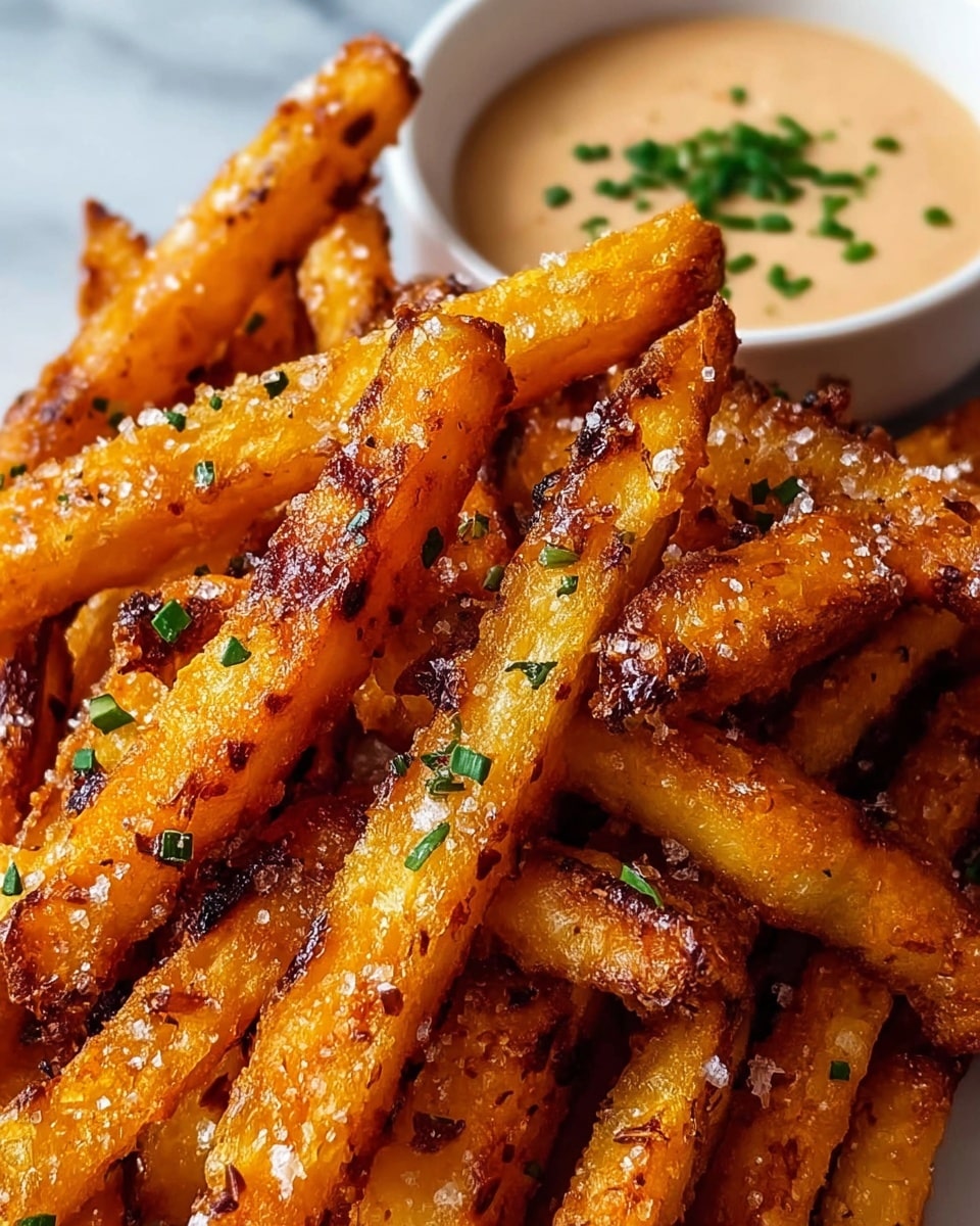 A close-up view of a pile of crispy, golden-orange fries with a crunchy texture and charred edges, sprinkled with coarse salt and small green herb pieces. The fries fill most of the frame, stacked in three to four layers with a rough, uneven surface. In the top right corner, part of a white bowl with creamy light brown dipping sauce garnished with chopped green herbs is visible. The background is a white marbled texture. photo taken with an iphone --ar 4:5 --v 7