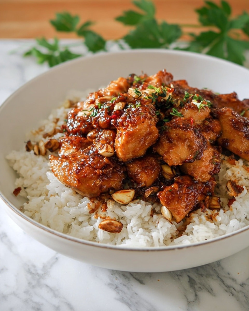 The image shows a white plate with a base layer of fluffy white rice, evenly spread across the plate. On top of the rice, there is a generous layer of glazed, cooked chicken pieces with a shiny, dark reddish-brown sauce covering them, creating a rich, glossy texture. The chicken pieces have a slightly uneven, chunky shape, and small pieces of garlic and herbs are scattered throughout. The plate sits on a white marbled surface, and there is a green leafy plant blurred in the background. photo taken with an iphone --ar 4:5 --v 7