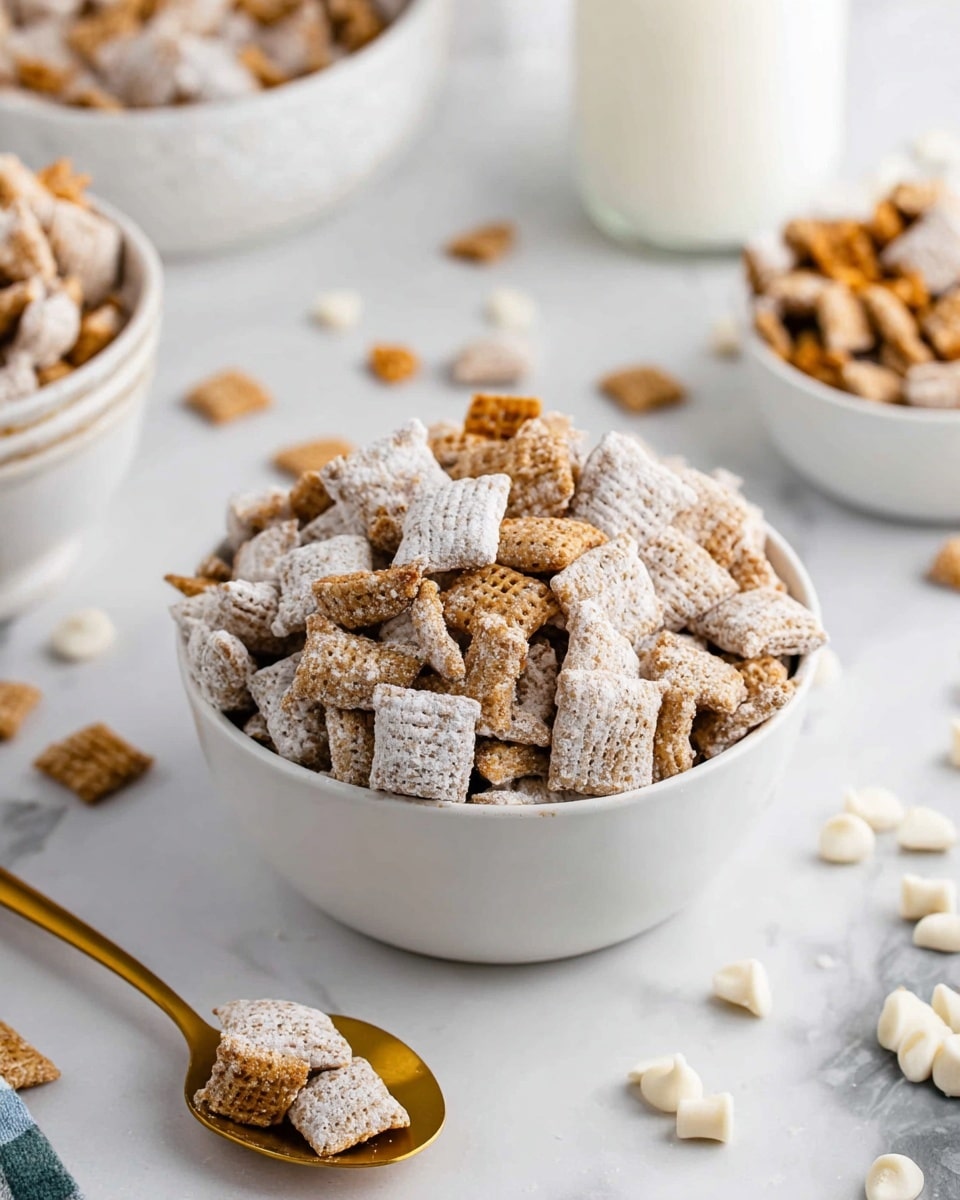 A white bowl filled with square-shaped cereal pieces that are light tan and coated with white powder, mixed with small chunks of darker brown crunchy bits, sitting on a white marbled surface; in front of the bowl is a golden spoon holding some of the same cereal mix, with white chips scattered nearby, and a glass of milk blurred in the background along with more bowls containing the cereal. photo taken with an iphone --ar 4:5 --v 7