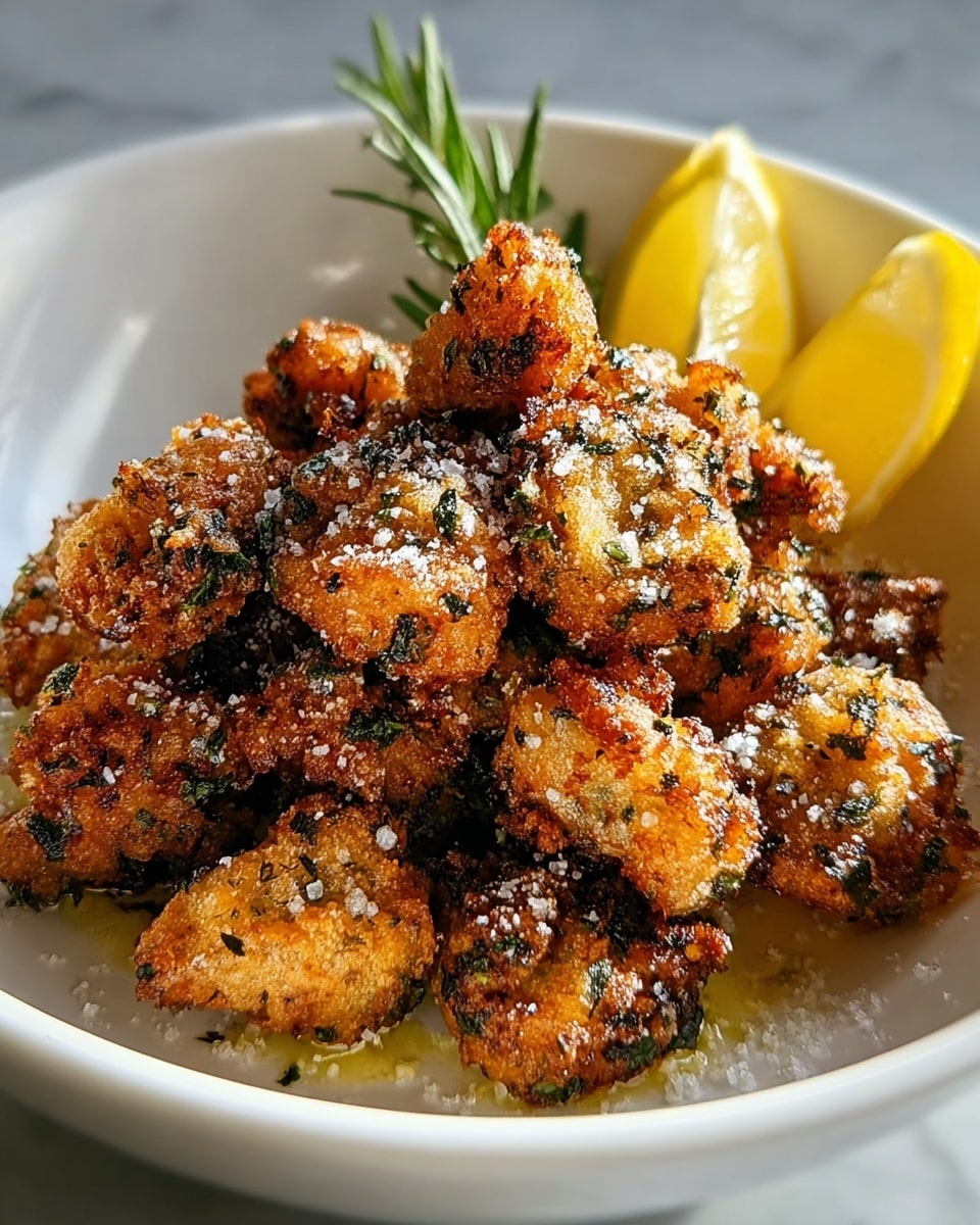 A white bowl holds a pile of small, crispy golden-brown fried pieces covered with green herbs and sprinkled with coarse white salt. The pieces look crunchy with a mix of darker browned spots and lighter golden areas. Bright yellow lemon wedges and a small green herb sprig sit at the back right inside the bowl. The bowl is placed on a white marbled surface with soft lighting highlighting the texture of the fried pieces and the fresh lemon. photo taken with an iphone --ar 4:5 --v 7