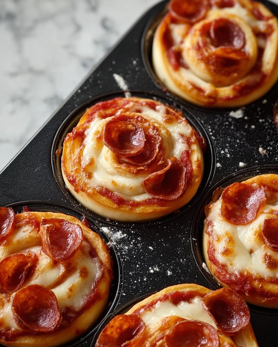 The image shows six small pizza rose buns in a black muffin pan on a white marbled surface. Each pizza bun has three visible layers: a base layer of golden, slightly browned pizza dough shaped like a small round bun, a middle layer of smooth red tomato sauce spread over the dough, and the top layer made of melted white cheese and thin, curled reddish-brown pepperoni slices arranged like rose petals, giving a floral look. The pepperoni is glossy and slightly crisped at the edges, and the cheese is creamy with bubbly spots. Some flour dust is scattered lightly on the pan. photo taken with an iphone --ar 4:5 --v 7