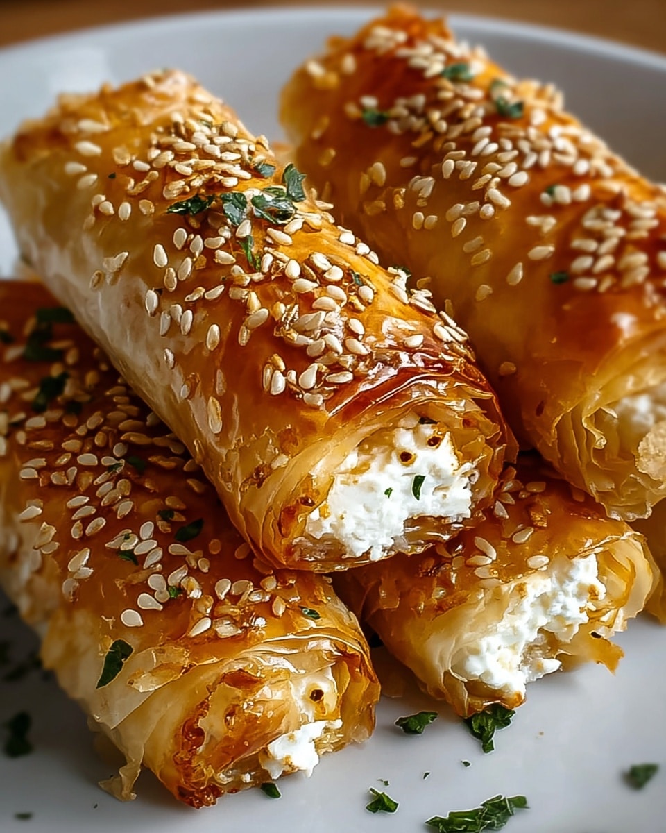 The image shows four golden-brown rolled pastries on a white plate, each filled with soft white cheese that peeks out from the edges. The pastry is flaky and thin with a slightly shiny surface, sprinkled generously with sesame seeds and small green herb pieces. The rolls are stacked closely together, with some herbs scattered on the plate for decoration. The overall look is crispy, warm, and inviting. Photo taken with an iphone --ar 4:5 --v 7