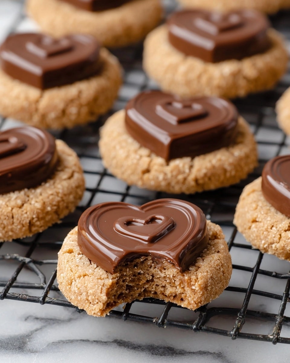The image shows multiple round cookies on a black wire cooling rack. Each cookie has a rough, light brown base with a sandy texture, slightly cracked around the edges. On top of each cookie is a thick, smooth chocolate heart with a small heart design embossed on the surface. One cookie in the front has a bite taken out of it, revealing a moist, chewy inside with visible waffle-like layers inside the chocolate. The cookies are placed against a white marbled background. photo taken with an iphone --ar 4:5 --v 7