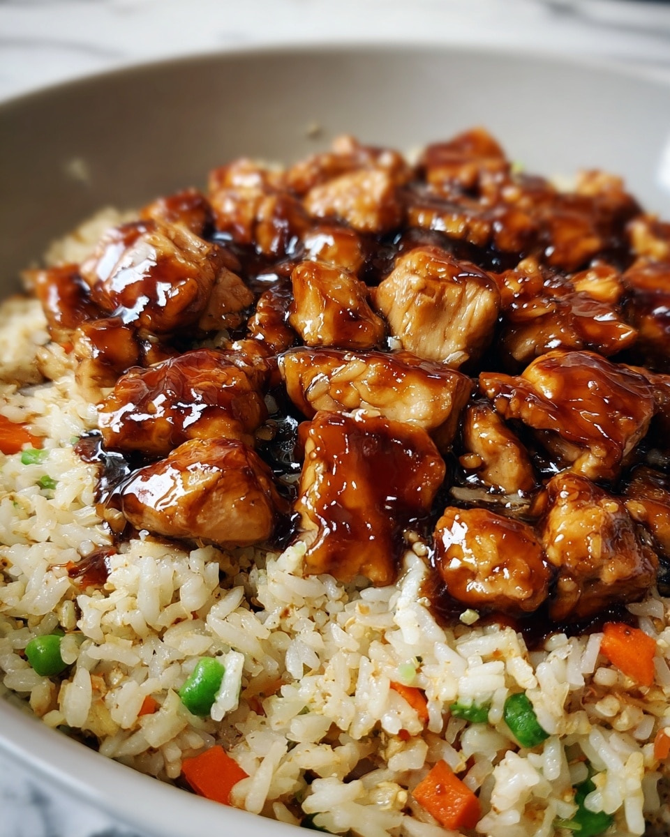 The image shows a close-up of a dish with two layers: the bottom layer is fried rice mixed with small pieces of carrot and green vegetable, giving it a light color with orange and green dots scattered throughout; on top, there are many chunks of cooked chicken glazed with a shiny dark brown sauce that makes the chicken pieces look moist and rich. The dish is served in a clean white bowl, set on a white marbled surface. The photo taken with an iphone --ar 4:5 --v 7