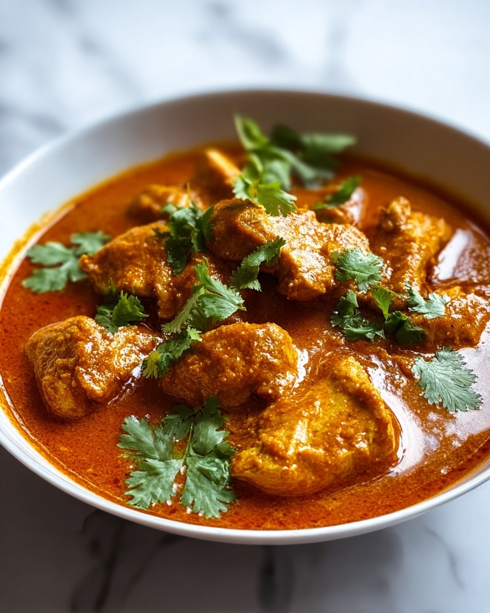 The image shows a bowl filled with rich orange-brown curry sauce with several large, golden-brown chicken pieces partly submerged in the sauce. Fresh bright green cilantro leaves are scattered on top, adding contrast and freshness to the dish. The bowl is white, shiny, and slightly reflective, placed on a surface with a white marbled texture, creating a clean and bright background. The curry looks thick and creamy, coating the chicken well, with some oil pooling slightly on the surface. Photo taken with an iphone --ar 4:5 --v 7