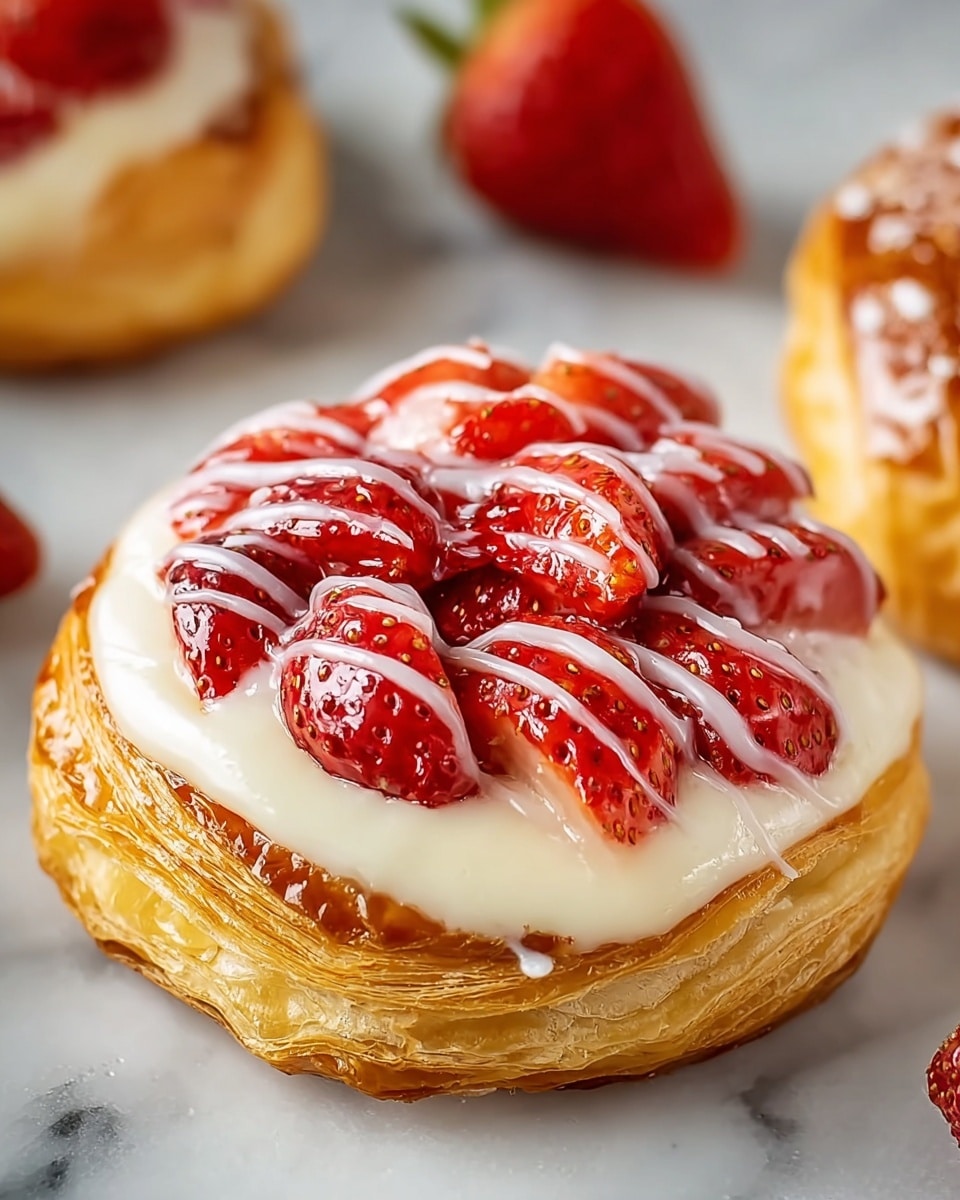 A round pastry with a golden brown, flaky base has three visible layers with a shiny crust, topped with a smooth, creamy white layer that fills the center. On top of the creamy layer, there is a pile of cut fresh strawberries with a glossy red color, arranged to cover the center fully. Thin white icing in wavy lines is drizzled over the strawberries. The pastry sits on a white marbled surface with parts of another similar pastry and whole strawberries slightly blurred around it. photo taken with an iphone --ar 4:5 --v 7