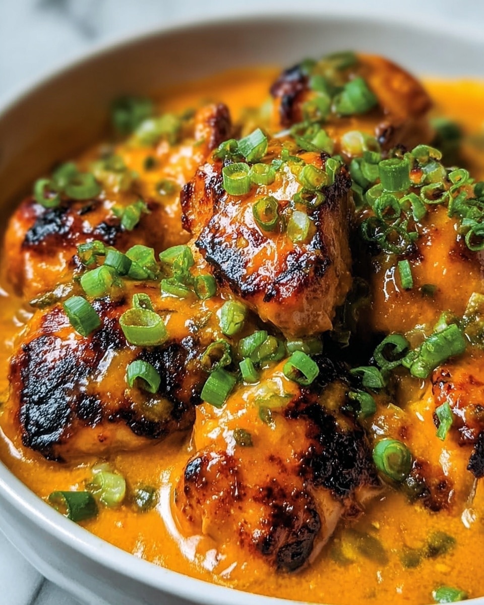 The image shows several browned, round chicken pieces covered in a thick orange sauce on a white plate. The chicken has dark grill marks and a slightly crispy texture. On top, small green chopped scallions are sprinkled evenly, adding a fresh contrast to the orange sauce. The sauce looks creamy and smooth, pooling gently around the chicken pieces. The background is a white marbled surface. photo taken with an iphone --ar 4:5 --v 7