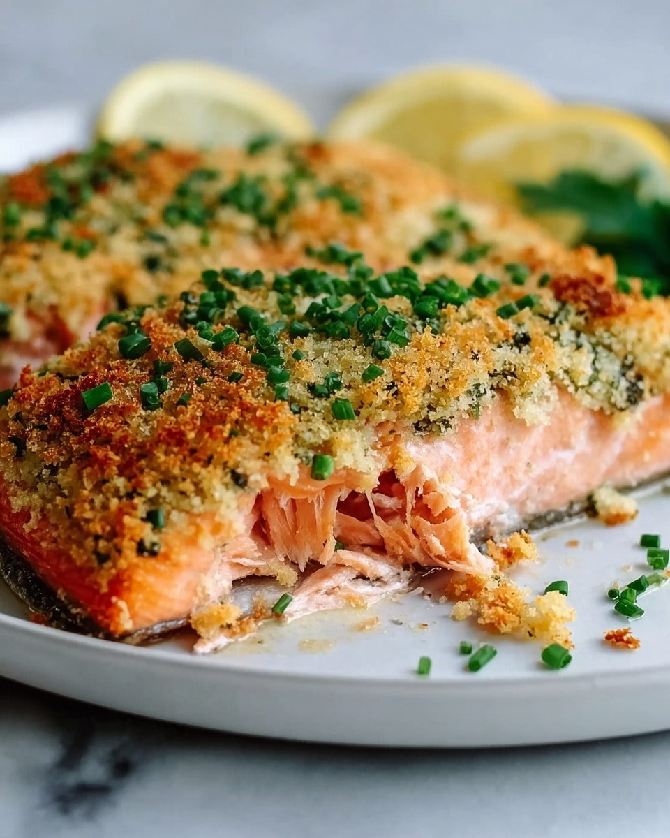 A thick, pink cooked salmon fillet is topped with a golden brown crispy crumb crust mixed with green herbs, broken open on one side showing the tender flaky fish inside. Bright green chopped chives are sprinkled evenly over the crumb layer, and lemon slices peek from the back. The fish rests on a white plate with a smooth, shiny surface, placed on a white marbled textured background. photo taken with an iphone --ar 4:5 --v 7