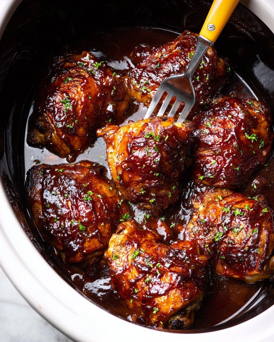 A close-up view of six pieces of glazed barbecue chicken arranged in a circle inside a white slow cooker. The chicken has a shiny, dark reddish-brown sticky sauce covering each piece, with some small green herb sprinkles scattered on top for color. The chicken skin looks tender and slightly charred in spots, giving a rich texture. A fork with a yellow handle is piercing one chicken piece near the center, lifting it slightly. The glossy sauce pools gently at the bottom, reflecting light against the white surface of the slow cooker. The photo is taken with a white marbled texture background. photo taken with an iphone --ar 4:5 --v 7