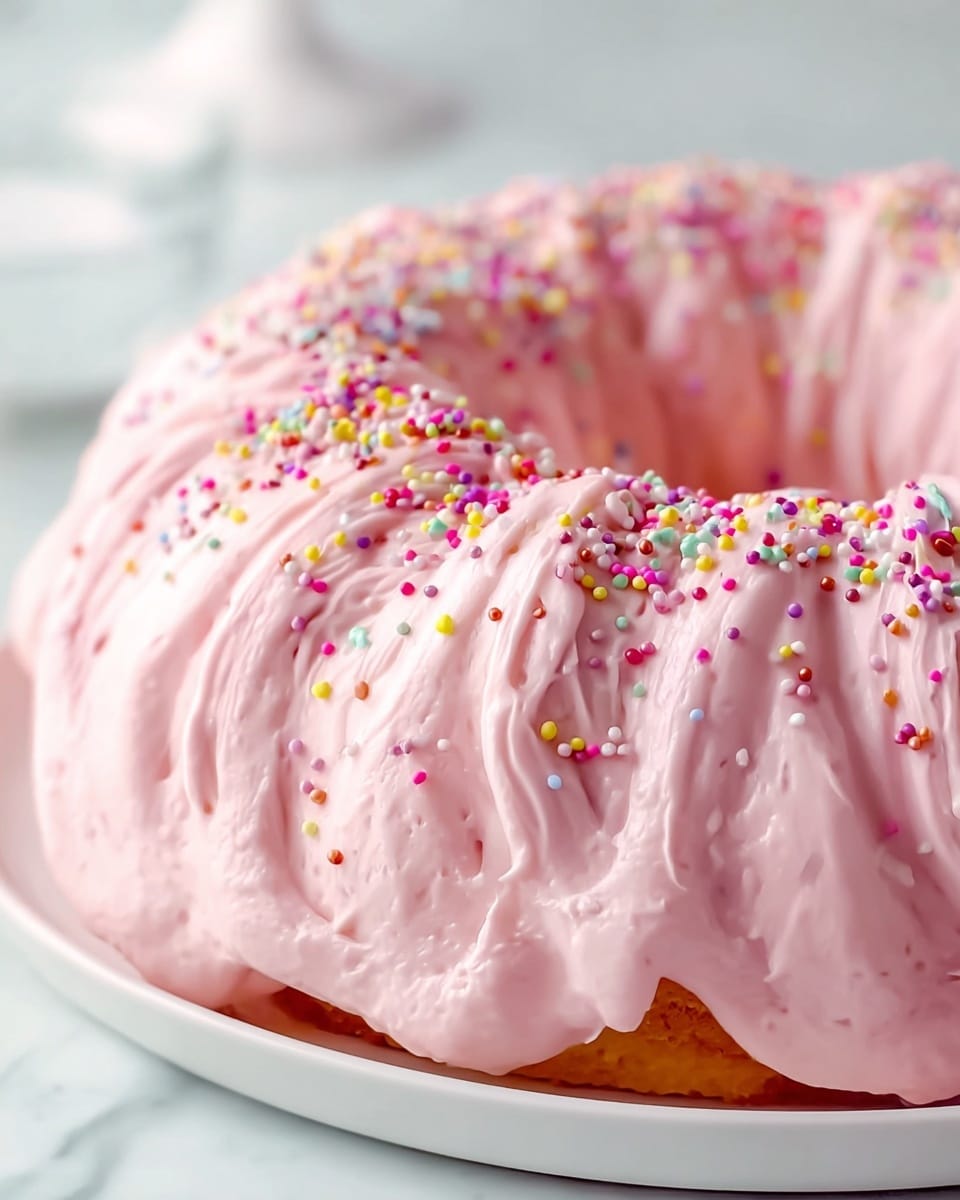 A single-layer light pink cake with thick, swirled frosting covering its sides and top, decorated with colorful round sprinkles scattered all over the frosting and a few on the white cake stand it sits on; the inside of the cake is airy and light pink, with a slice cut out to show the texture. The background is a soft blue, resting on a white marbled surface. photo taken with an iphone --ar 4:5 --v 7