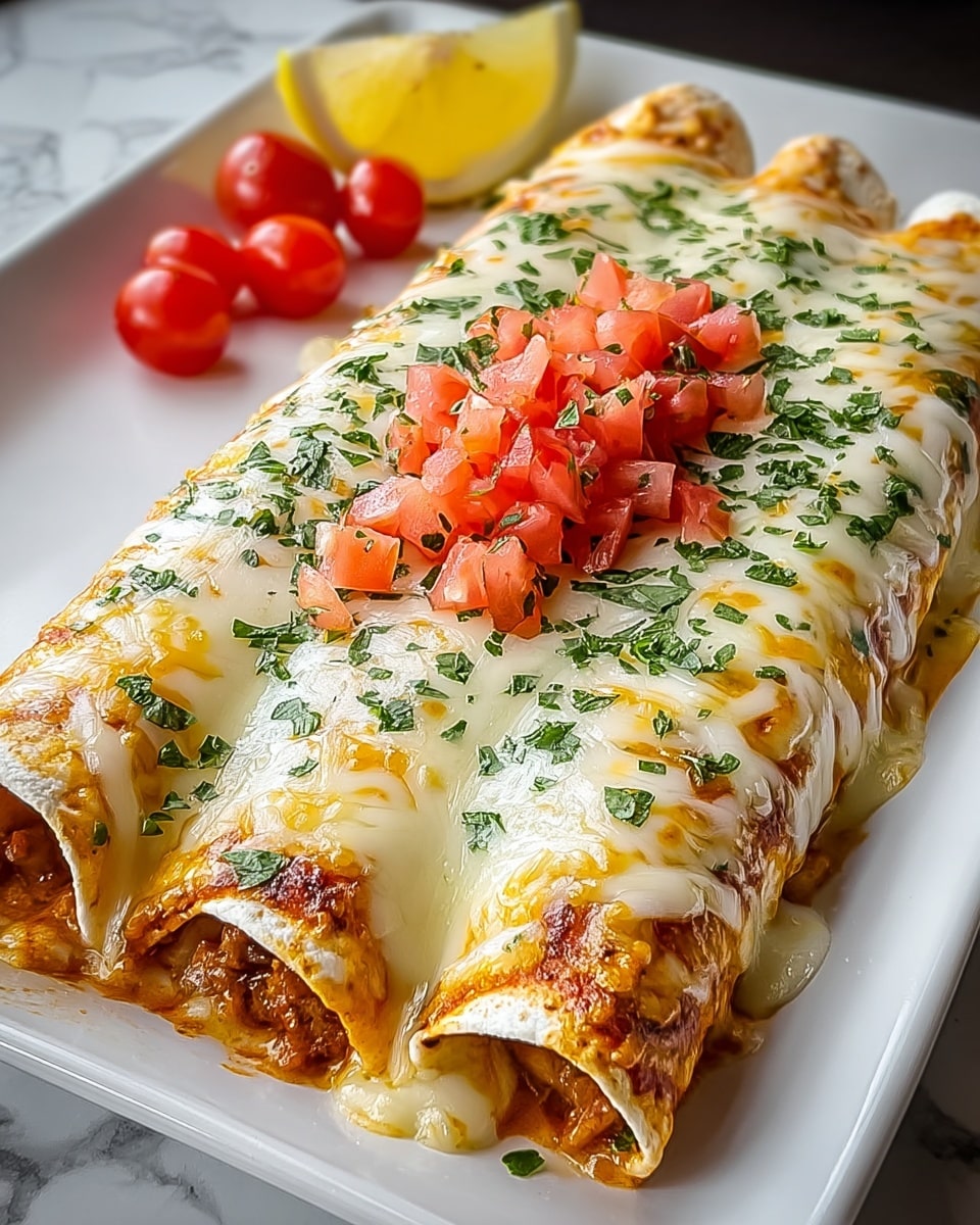 Three rolled enchiladas placed side by side on a white rectangular plate, covered with a thick layer of melted white and yellow cheese that drips slightly over the edges, showing a creamy texture. Beneath the cheese, some darker reddish sauce mixed with the melted cheese peeks out around the edges. On top, finely chopped green herbs are spread evenly, and a small pile of diced red tomatoes sits in the middle lengthwise. In the background on the plate, a few bright red cherry tomatoes and a wedge of lemon rest against the white marbled texture surface. The colors are warm and fresh, with the enchiladas being the main focus. photo taken with an iphone --ar 4:5 --v 7