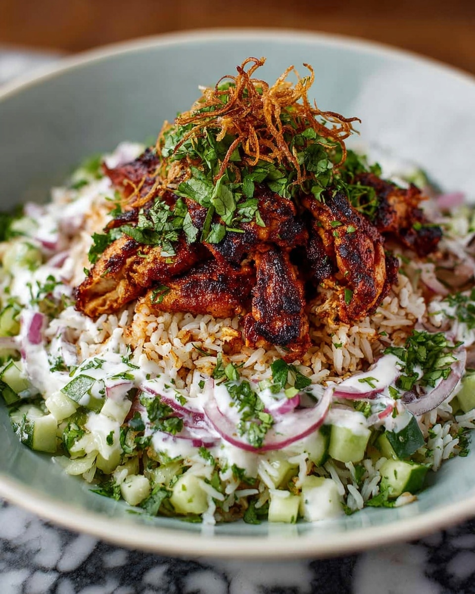 A white plate filled with a base layer of golden brown rice mixed with small pieces of light green cucumber and chopped fresh herbs, topped with a creamy white sauce spread unevenly across the rice, garnished with thin slices of red onion and finely chopped green herbs. On top, there is a pile of dark brown, crispy grilled chicken strips with a slightly charred texture, sprinkled generously with more fresh green herbs and crispy fried onions, all sitting on a white marbled surface. photo taken with an iphone --ar 4:5 --v 7
