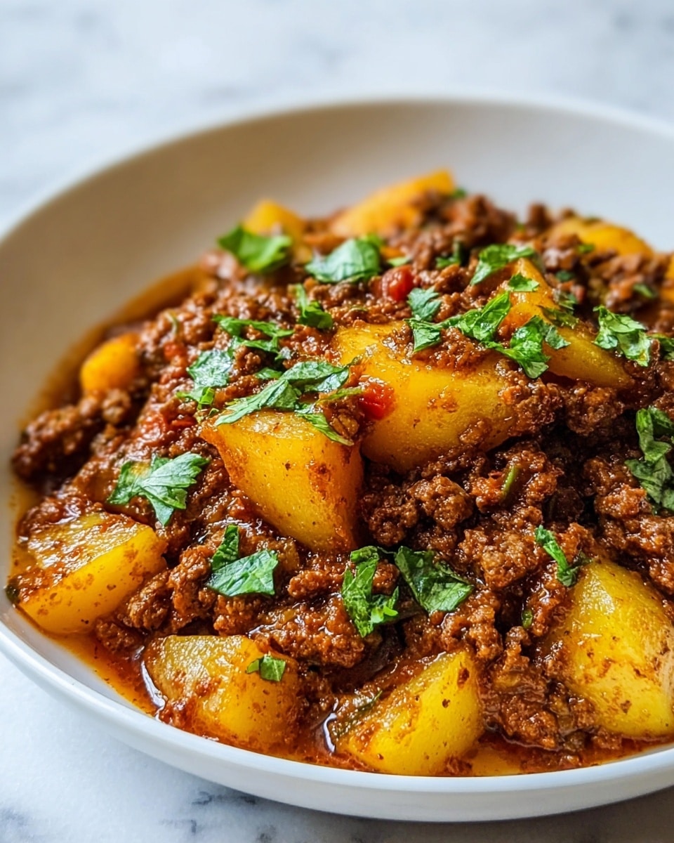 A white bowl filled with a hearty stew made of three main layers visible on the surface: golden-yellow potato chunks, rich brown ground meat mixed with cooked onion pieces, and scattered bright green fresh herb leaves on top. The texture looks soft and stewy with some pieces glistening in the sauce, and the sauce has reddish-brown tones that coat all ingredients evenly. The photo is taken on a white marbled surface with close focus on the food showing its moist and savory appearance. photo taken with an iphone --ar 4:5 --v 7