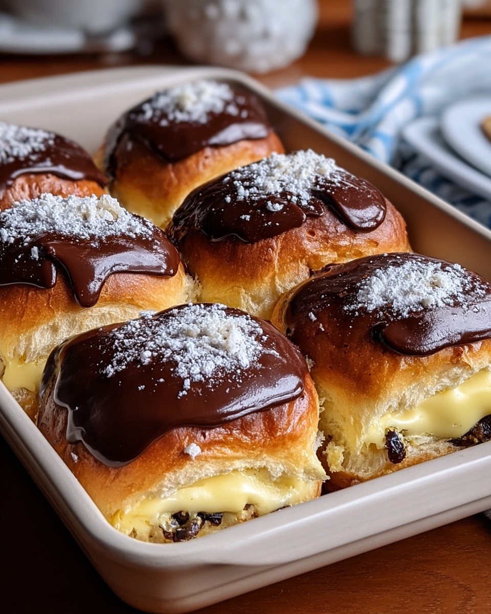A close-up view of six soft, golden brown buns arranged in two rows in a white baking tray, each topped with a thick, glossy layer of dark chocolate glaze sprinkled lightly with white powdered sugar. The buns are split in the middle, revealing a creamy pale yellow custard filling with small bits of dark fruit or chocolate beneath it, oozing slightly out from inside. The tray rests on a white marbled surface with some blurred objects in the background. photo taken with an iphone --ar 4:5 --v 7