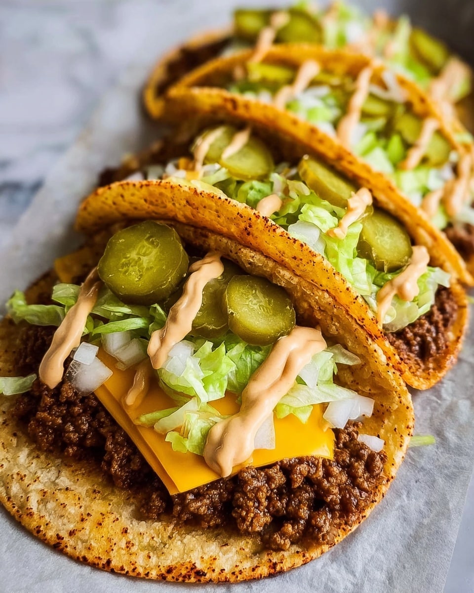 Three grilled soft corn tortillas each holding a layer of ground beef with a crumbly, browned texture. On top of the beef, there is a layer of bright yellow melted cheese in the front taco, with some chopped white onions scattered around. Above that is a fresh layer of shredded light green lettuce, and scattered pickle slices with ridged edges add a pop of green. A creamy, light brown sauce is drizzled over all the tacos. The tacos rest on a piece of parchment paper, against a white marbled texture background. Photo taken with an iphone --ar 4:5 --v 7