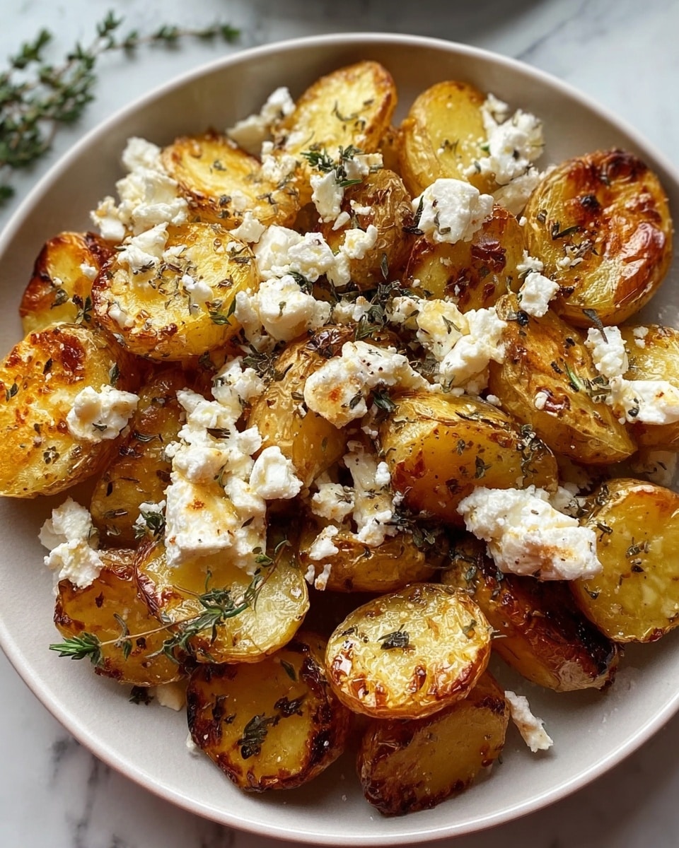 A round white plate filled with one layer of golden roasted potato halves that have a slightly crispy texture and browned edges, topped unevenly with crumbled white feta cheese chunks that look soft and creamy, sprinkled with green fresh thyme leaves and black pepper, all placed on a white marbled surface. photo taken with an iphone --ar 4:5 --v 7