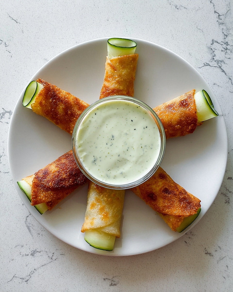 A white round plate sits on a white marbled surface, holding a small glass bowl of creamy light green sauce with tiny black specks in the center. Around the bowl are four golden-brown crispy rolled pieces, each showing a fresh green cucumber slice partly sticking out from one end, arranged evenly spaced like a star. The rolls have a smooth, slightly shiny surface with some browned crisp areas. photo taken with an iphone --ar 4:5 --v 7