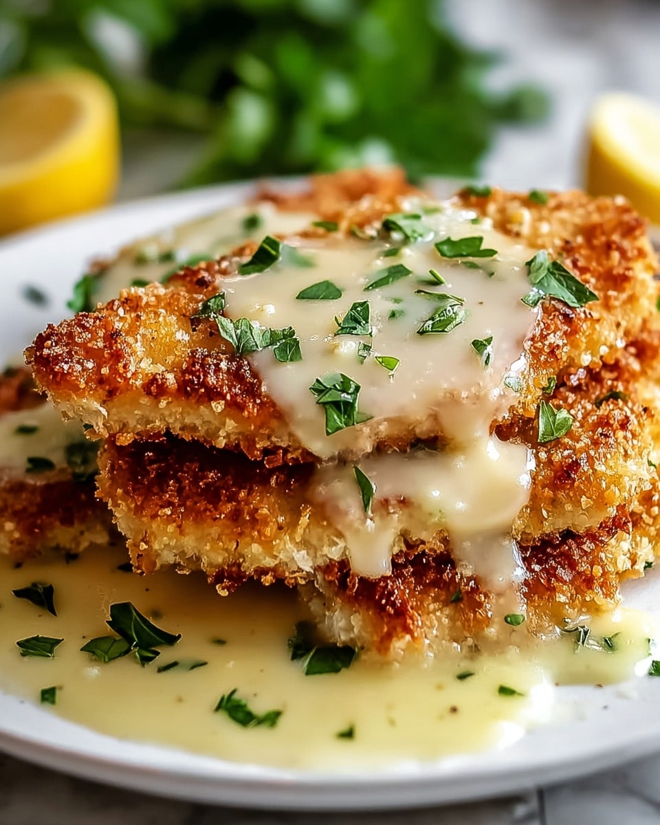 A close-up image showing three golden brown, breaded chicken cutlets stacked slightly overlapping on a white plate. The cutlets have a crispy, crunchy texture with a rough crumb coating. They are covered with a creamy, pale yellow sauce that pools around the base and has a smooth, glossy finish. Small pieces of fresh green herbs, likely parsley, are sprinkled evenly over the sauce and cutlets, adding color contrast. The white plate sits on a white marbled surface with some blurred green leaves and a hint of yellow lemon in the background. Photo taken with an iphone --ar 4:5 --v 7