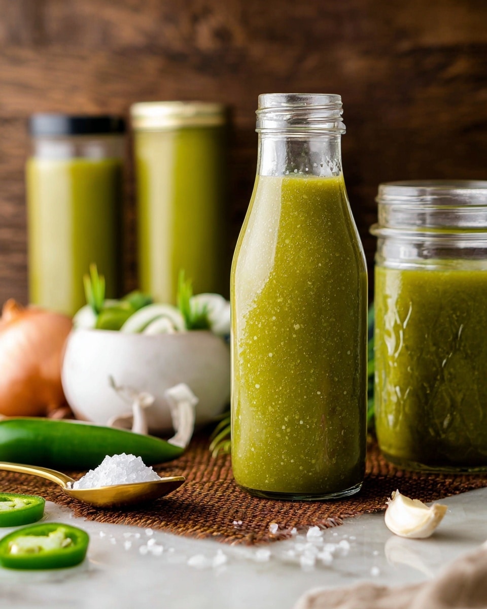 A tall clear glass bottle filled with smooth green salsa stands in the center, showing small bubbles inside the sauce. To the right of the bottle is a wide white mason jar, also filled with the same thick green salsa. In the background, there are more jars and bottles filled with green salsa, slightly out of focus. In front of the bottle, some garlic cloves, a halved onion, and sliced green jalapeño peppers are placed on a white marbled surface. A gold spoon full of coarse salt sits in front, with some salt grains scattered around it. The scene is set on a brown woven mat with a rustic wooden backdrop photo taken with an iphone --ar 4:5 --v 7
