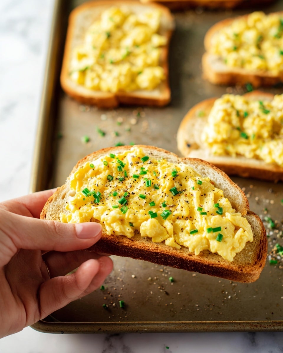The image shows a close-up of a slice of toast topped with scrambled eggs, held by a woman's hand. The toast is golden brown with a slightly crispy edge, and the scrambled eggs on top are soft and yellow with a fluffy texture. Small pieces of green chives are sprinkled evenly over the eggs, along with a light sprinkling of black pepper. In the background, three more slices of toast with the same topping rest on a baking tray. The baking tray surface is visible with scattered chives and black pepper bits. The setting is on a white marbled texture. photo taken with an iphone --ar 4:5 --v 7