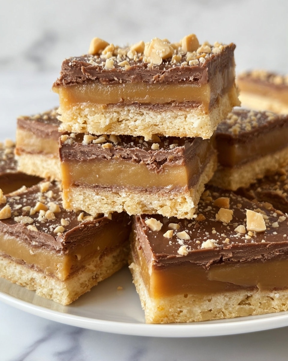 The image shows a stack of square dessert bars on a white plate, placed on a white marbled surface. Each bar has multiple visible layers, starting with a light golden, crispy wafer base, followed by a thick, gooey caramel layer, another wafer layer, a second caramel layer, and then topped with a smooth milk chocolate layer. The top is sprinkled with small, chopped pieces of light brown peanuts. The bars have a textured and slightly crumbly look on the sides where they are cut, showing the rich layering clearly. Photo taken with an iphone --ar 4:5 --v 7