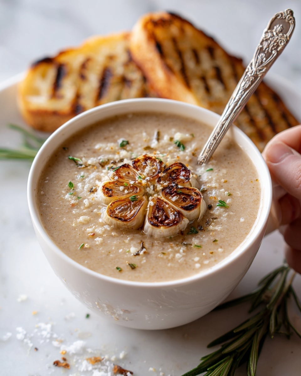 A white bowl filled with creamy soup that has a light beige color with small bits of green herbs, orange carrots, and white beans visible throughout. The soup has a slightly chunky texture and is garnished with a small green rosemary sprig and black pepper sprinkled on top. The bowl sits on a rustic wooden surface with a large head of garlic and some rosemary sprigs in the background. In the foreground, there is a piece of toasted bread with a thick spread of butter and a vintage silver spoon resting next to the bowl. Photo taken with an iphone --ar 4:5 --v 7