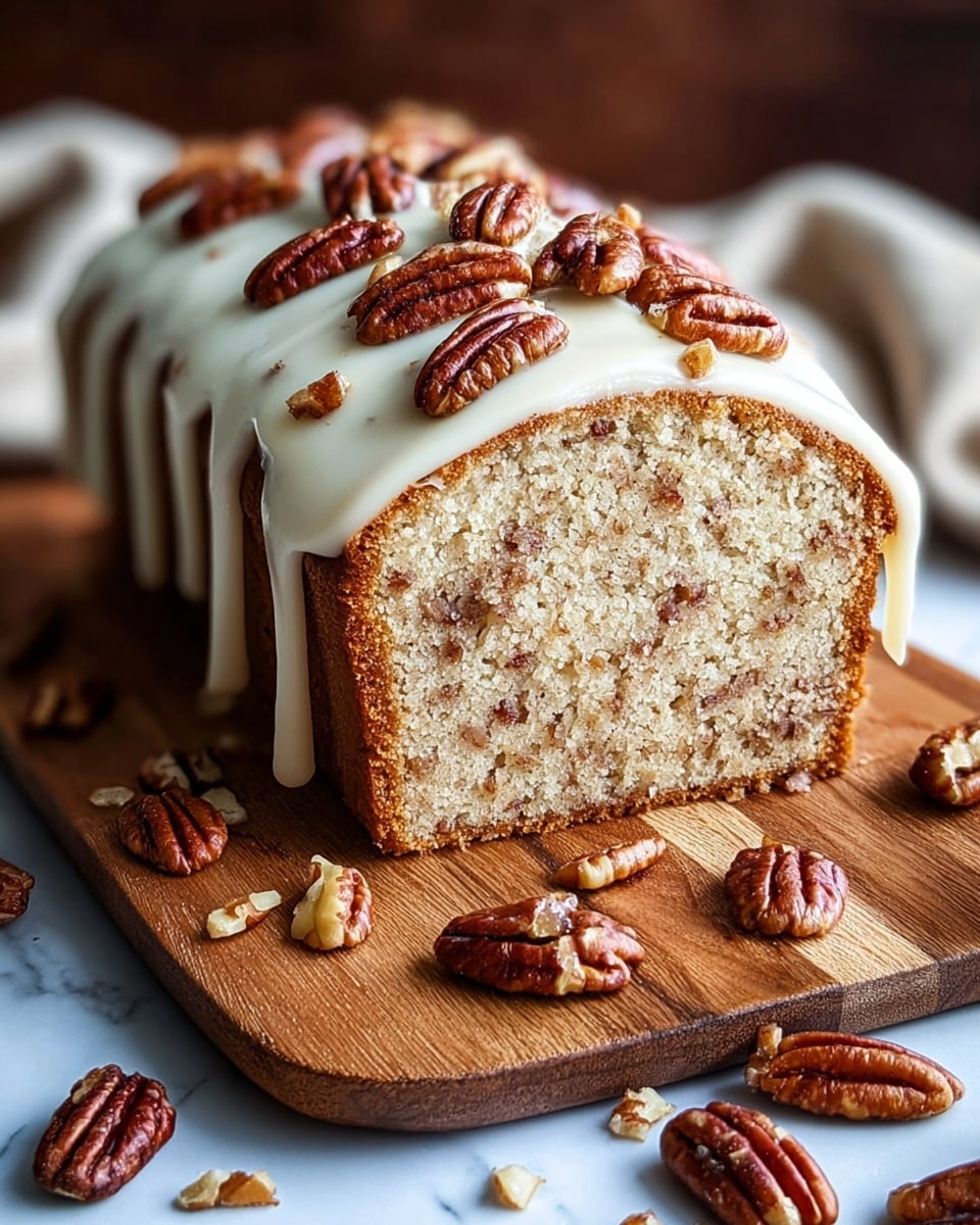 A loaf cake cut to show a soft, light beige inside with small pieces of nuts and cinnamon spread evenly throughout. The top is covered with smooth, creamy white icing that drips slightly over the edges. Whole and chopped pecans are scattered on top of the icing, giving a rich brown contrast. The cake sits on a wooden board with some extra pecans scattered around. The background uses a white marbled texture. photo taken with an iphone --ar 4:5 --v 7
