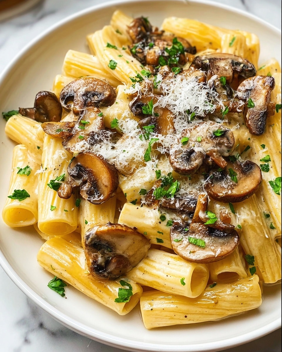 The dish shows a close-up of creamy pasta with a wavy shape, in a white plate. The pasta is coated in a smooth, light yellow sauce. On top, there are several slices of cooked mushrooms with a soft brown color and glossy texture. Small bits of white cheese are scattered on the surface, along with some green herbs finely chopped and sprinkled for contrast. A light dusting of grated cheese and cracked black pepper adds texture and detail to the scene. The background surface is a white marbled texture. photo taken with an iphone --ar 4:5 --v 7