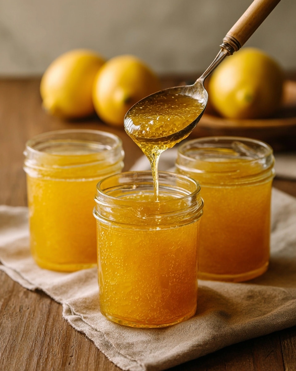 The image shows three clear glass jars filled with bright yellow-orange lemon jam, each jar full to the top with a slightly chunky texture. A metal ladle with a wooden handle is pouring more jam into the jar closest to the front, creating a glossy stream that reflects light. The jars sit on a light brown cloth, which is placed on a wood-textured surface. In the background, two whole lemons rest blurry, adding to the fresh lemon theme. The overall look is warm and cozy with soft natural lighting. Photo taken with an iphone --ar 4:5 --v 7