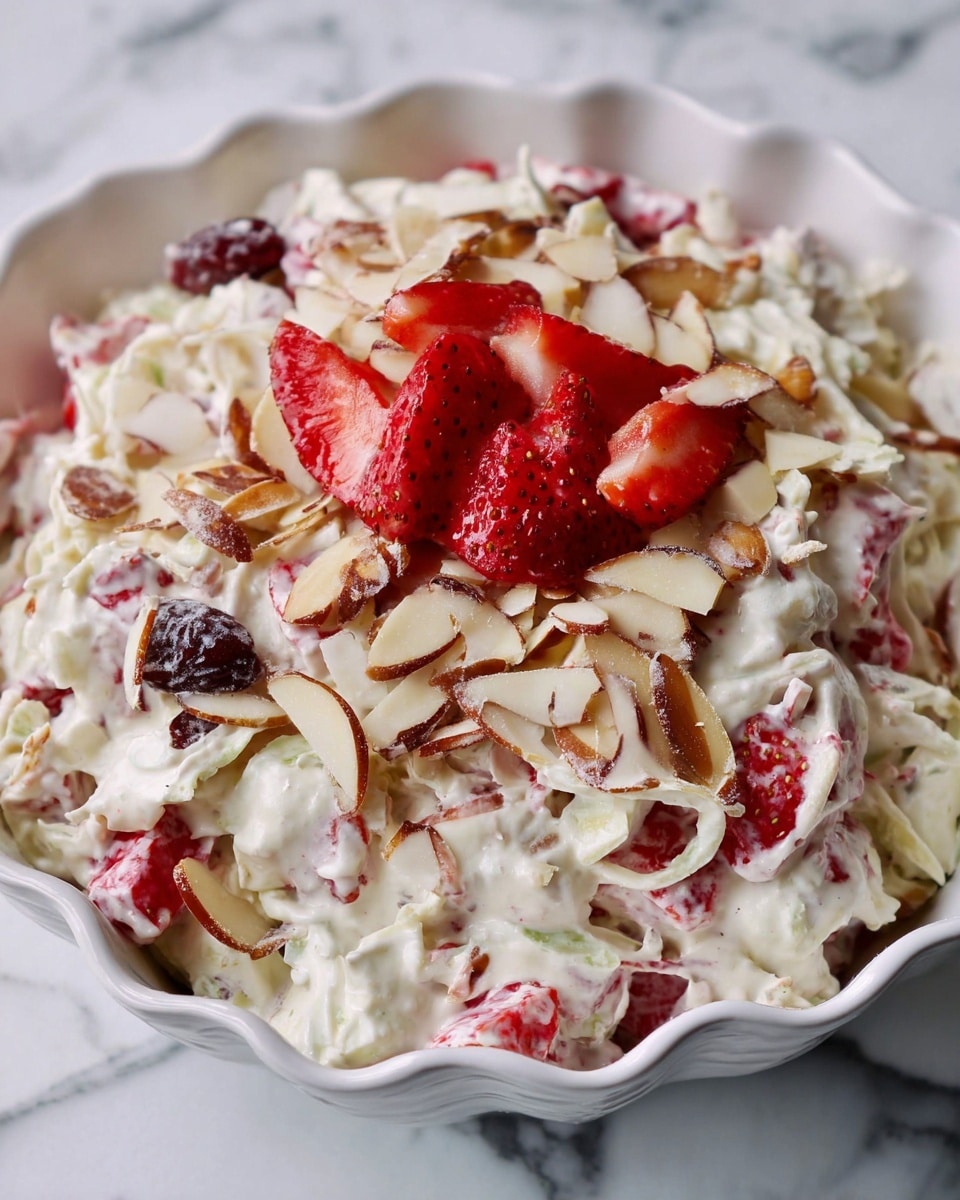 The image shows a close-up of a creamy salad served in a white scalloped bowl on a white marbled surface. The salad has three main layers: a base with creamy, white textured dressing mixed with shredded pale cabbage, bright red sliced strawberries, and dark raisins scattered throughout. On top, there are thin, light brown almond slices adding a crunchy texture, and more strawberry pieces arranged at the very top center for decoration. The overall look is creamy with red fruit highlights and a mix of smooth and crunchy textures. Photo taken with an iphone --ar 4:5 --v 7