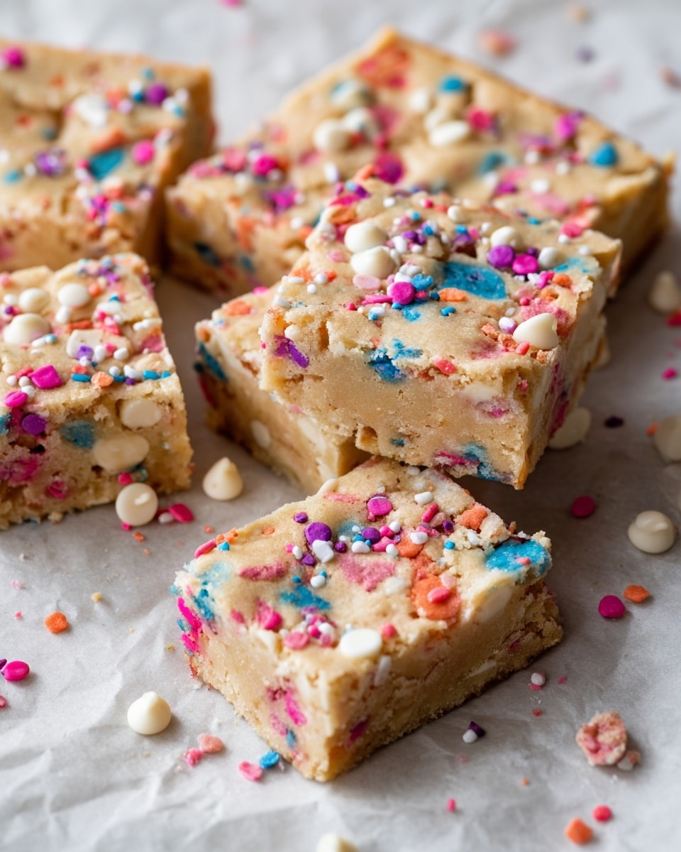 The image shows cut dessert bars with a slightly golden and crumbly top layer speckled with colorful sprinkles in blue, red, pink, orange, and purple, and scattered white chips throughout. The dessert appears thick with visible cracks on the surface and is arranged on parchment paper that rests on a white marbled texture. Two small square pieces are separated at the bottom right, and some sprinkles are scattered around them, enhancing the festive look. The texture looks soft with a chewy and slightly crunchy edge, and the colorful bits add a playful touch to the overall light golden color of the bars photo taken with an iphone --ar 4:5 --v 7