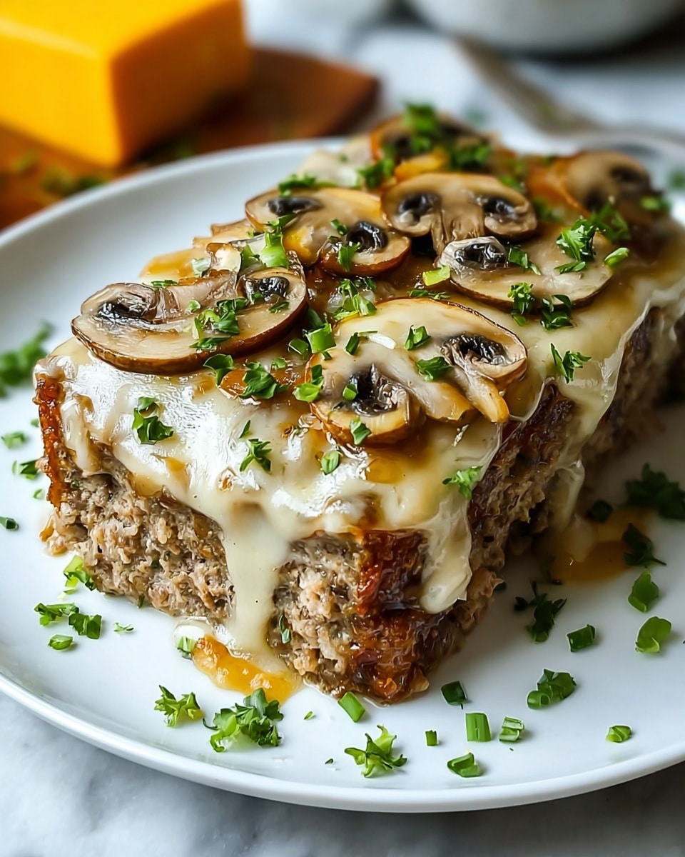 The dish shows a thick, rectangular meatloaf with a juicy, slightly browned texture as the base layer. It is topped with a layer of melted, creamy cheese that covers the entire top, slightly dripping down the sides. On top of the cheese, there are thin, golden-brown sautéed mushroom slices scattered evenly. Small pieces of chopped green herbs are sprinkled across the dish and the white plate, adding a fresh color contrast. The plate sits on a white marbled surface, with a blurred block of yellow cheese visible in the background. photo taken with an iphone --ar 4:5 --v 7