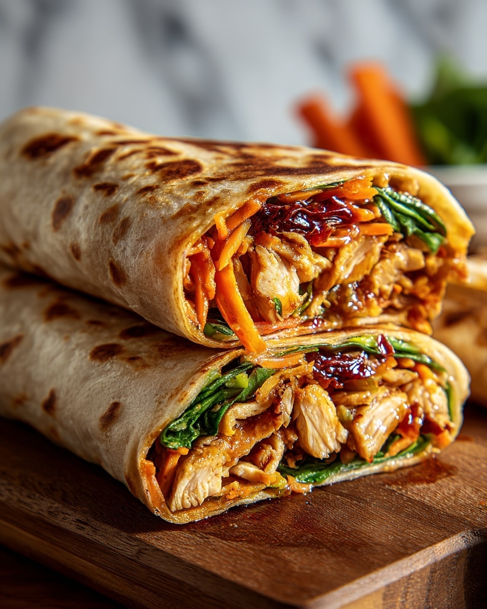 The image shows two chicken wraps cut in half and stacked on a wooden board. Each wrap has a light brown, slightly grilled outer tortilla with visible browning spots. Inside, the first layer is tender, cooked chicken pieces with a golden brown color. Mixed with the chicken are bright orange shredded carrots, dark red strips of dried chili or sauce, and fresh green leafy vegetables, likely spinach or lettuce. The layers are packed tightly, with some glossy sauce visible, making the wrap look juicy and fresh. The background has a white marbled texture with blurred greens and carrots. photo taken with an iphone --ar 4:5 --v 7