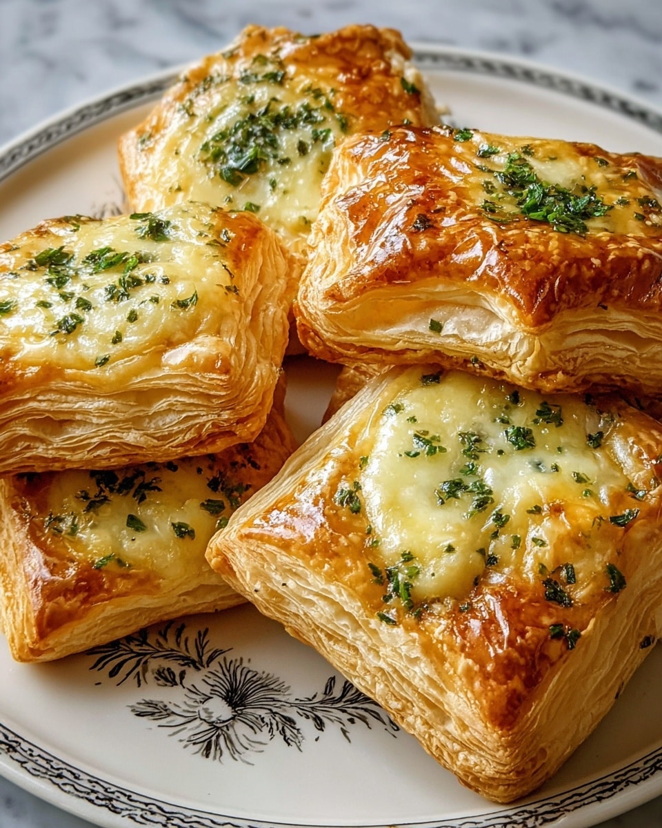Golden brown puff pastries with a square base layer showing many thin, flaky, crisp layers, topped with a melted pale yellow cheese layer that has a slightly glossy texture and browned spots. On top of the cheese, there are green herb flecks scattered evenly, adding a touch of green color. The pastries are stacked closely on a white plate with a black floral design along the edge, all placed on a white marbled texture surface. photo taken with an iphone --ar 4:5 --v 7