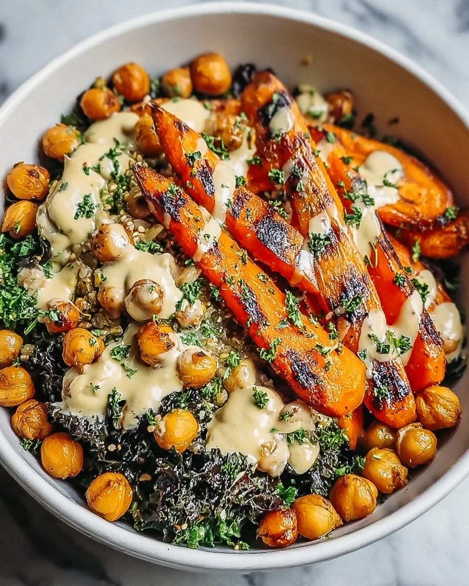 A white bowl filled with three main layers: at the bottom are dark green cooked kale pieces, on top of it sits bright orange grilled carrot slices with black grill marks, and scattered around are light brown chickpeas. The dish is drizzled with a light beige creamy sauce and sprinkled with finely chopped fresh green herbs. The bowl is placed on a white marbled surface. photo taken with an iphone --ar 4:5 --v 7