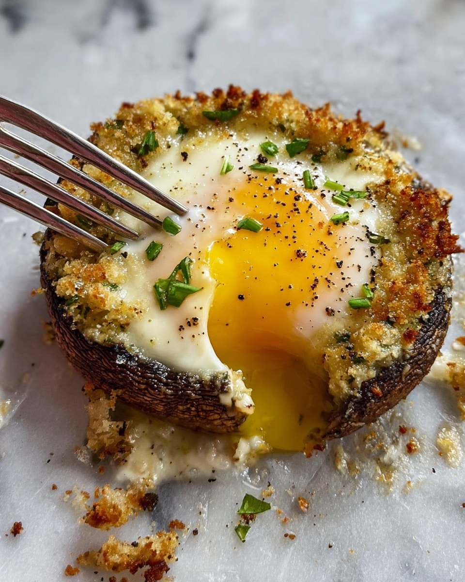 A close-up image of a stuffed mushroom topped with a cooked egg. The first layer is a dark brown mushroom base with a slightly charred edge. On top of the mushroom is a coarse, crumbly, golden-brown mixture with some green bits mixed in, likely herbs. The next layer is a cooked egg white, smooth and glossy, with a soft yolk in the center that is bright yellow and slightly runny. The egg is lightly sprinkled with black pepper and small green garnishes. A fork is pressing into the egg yolk, causing it to break and spill slightly onto the white marbled surface beneath. There are small crumbs and specks scattered around the mushroom. Photo taken with an iphone --ar 4:5 --v 7